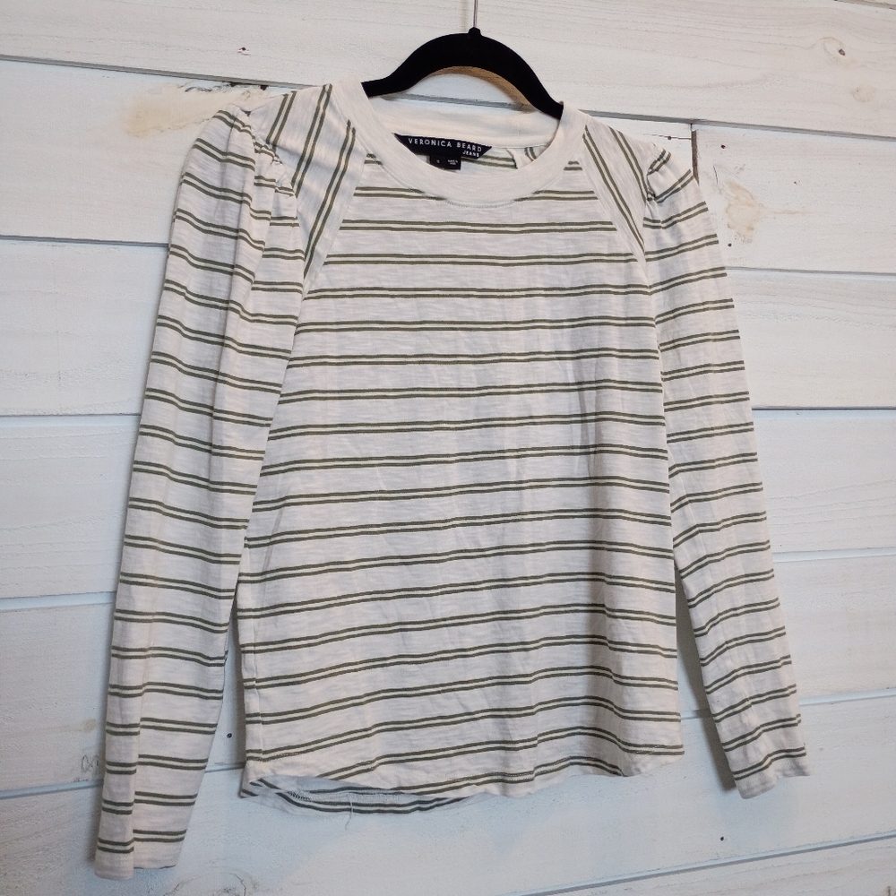 Veronica Beard White and Green Striped Top